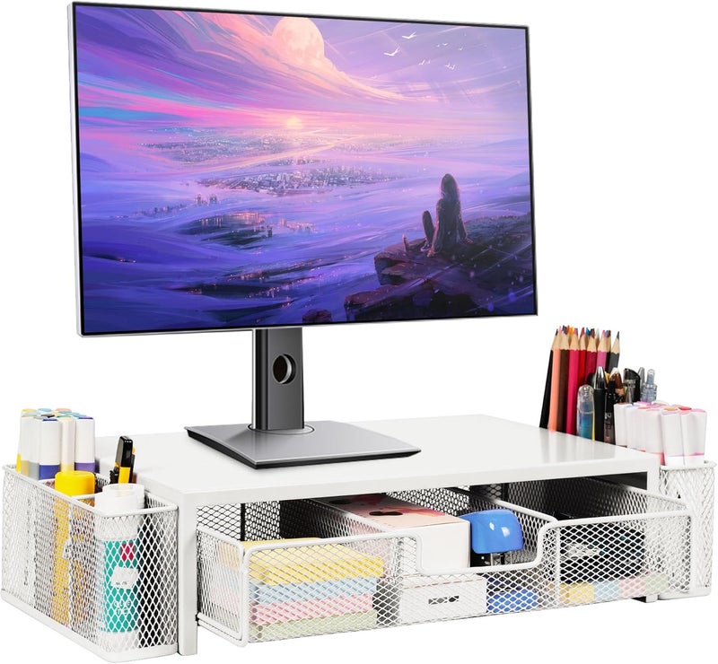 Qupui Computer Monitor Stand Riser with Drawer and Pen Holders, Desk Organizer Shelf and Accessories, Office Desk Accessories, Office Organization, White - Image 1